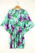 Green Boho Floral Half Sleeve V Neck Shirred Waist Mini Dress